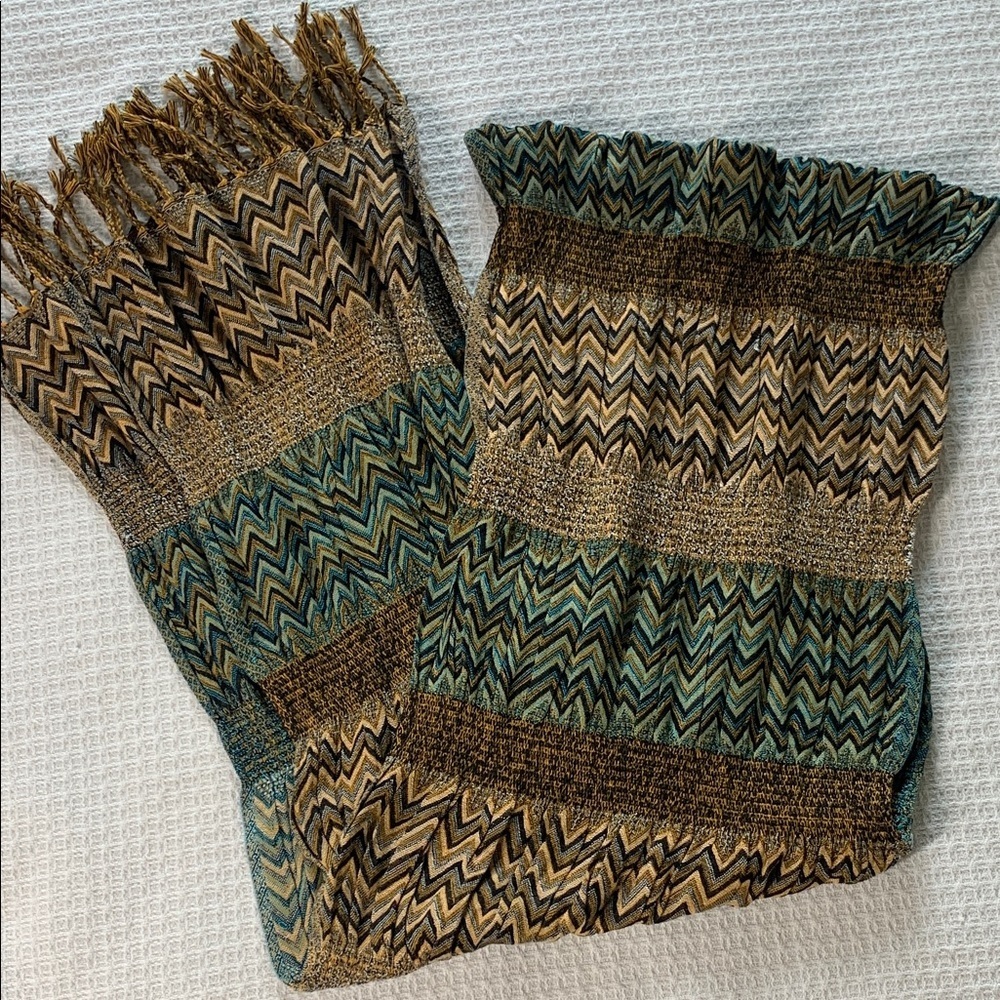 Cejon turquoise, tan, brown, and black chevron print woven scarf